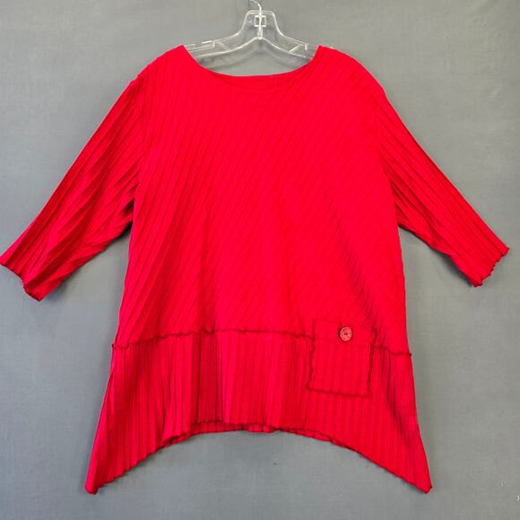 Focus Red Shirt Preppy Textured Rib Knit 3/4 Sleeves Scoop Neck Top Women Size L - Picture 1 of 10